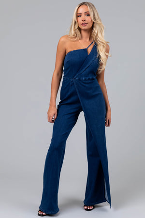 Dark Wash Denim One Shoulder Jumpsuit