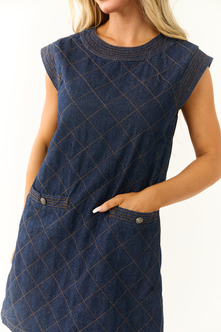 Dark Wash Denim Quilted Short Dress