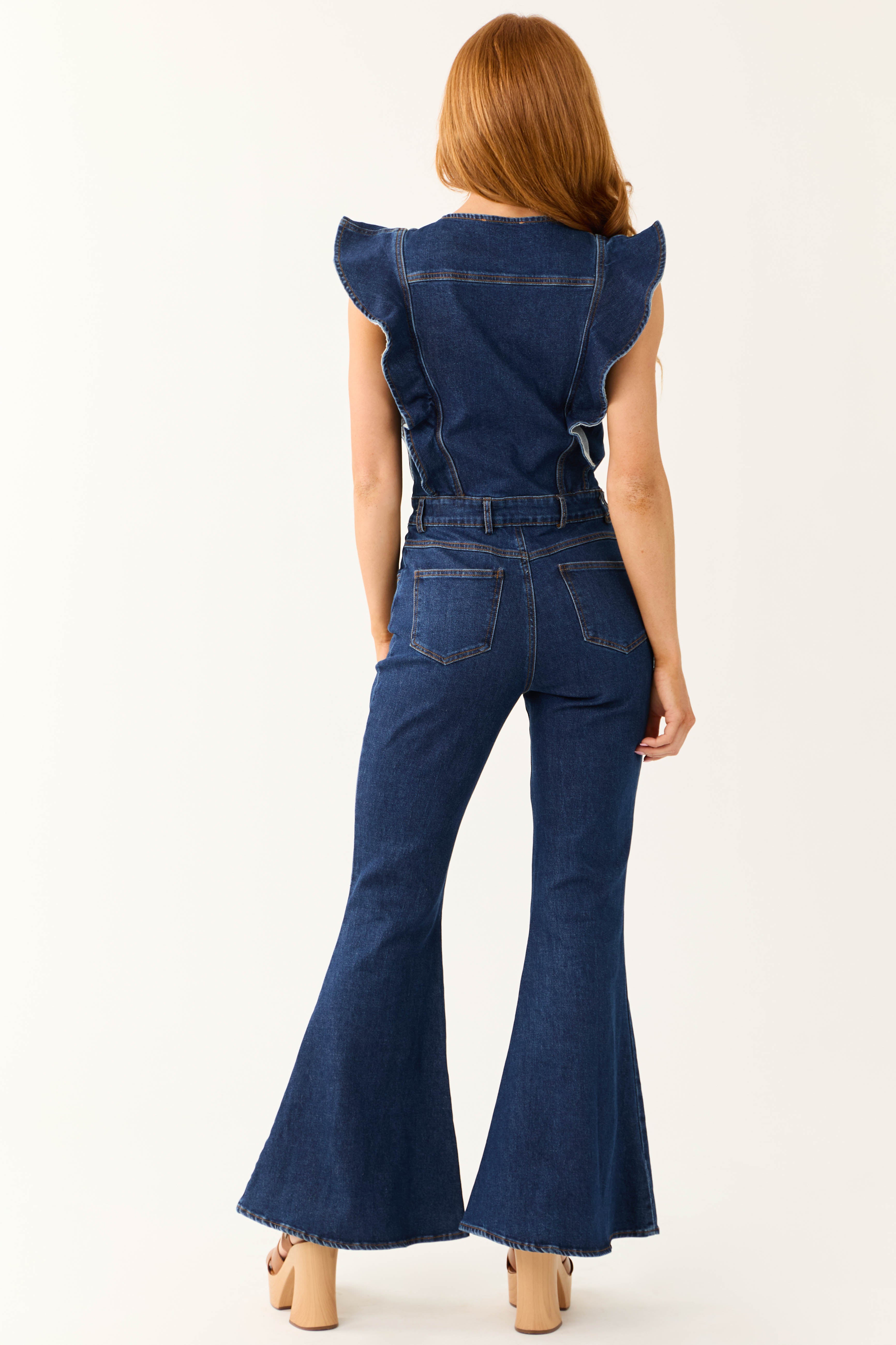 Dark Wash Denim Ruffle Bell Bottom Jumpsuit Lime Lush Boutique