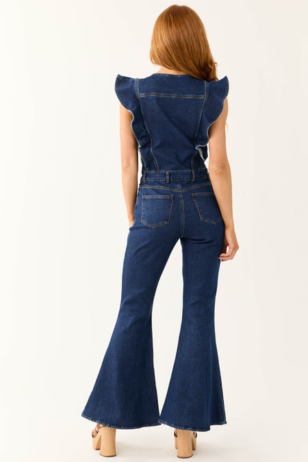 Dark Wash Denim Ruffle Bell Bottom Jumpsuit