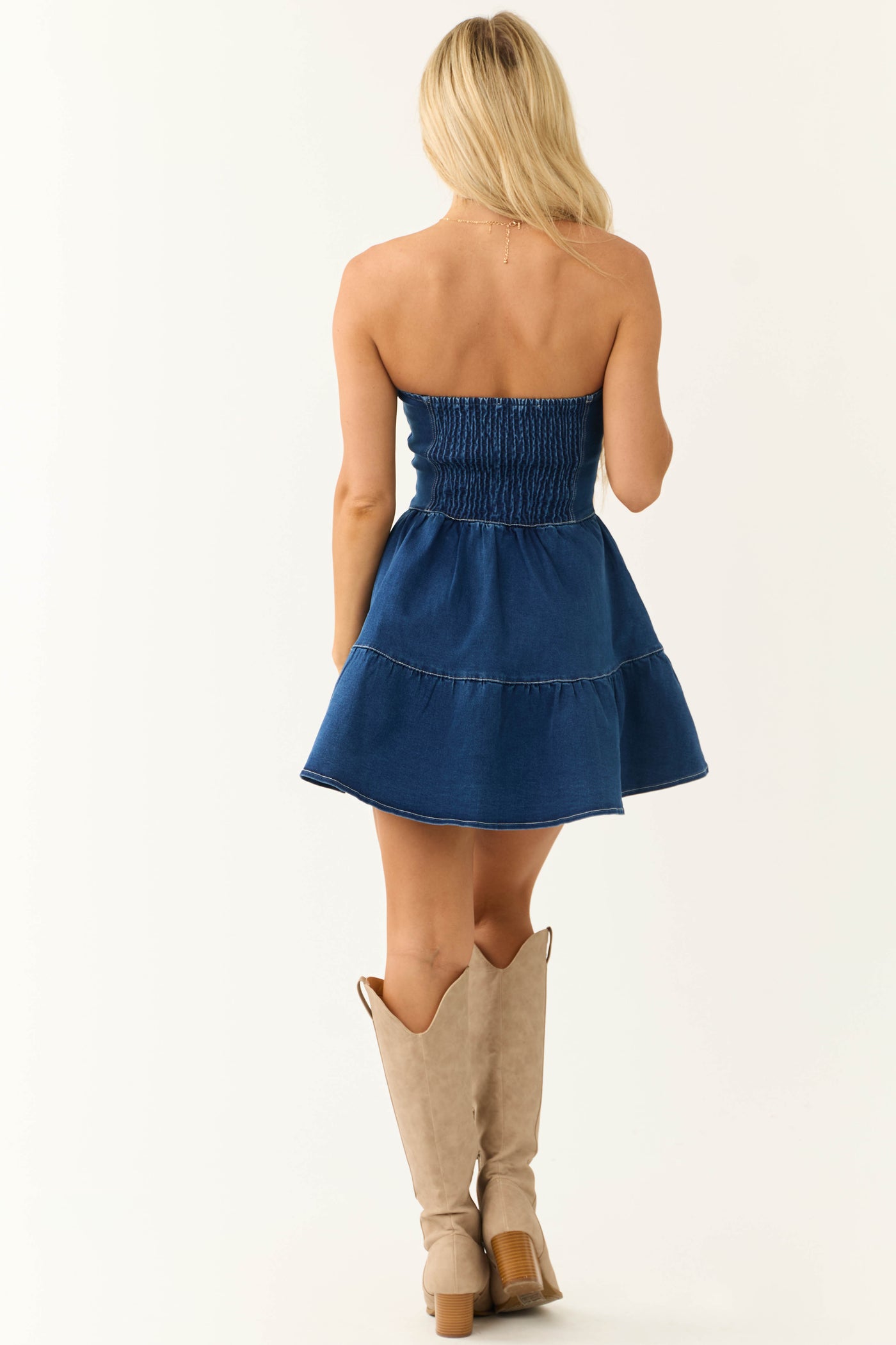 Dark Wash Denim Strapless Faux Button Mini Dress