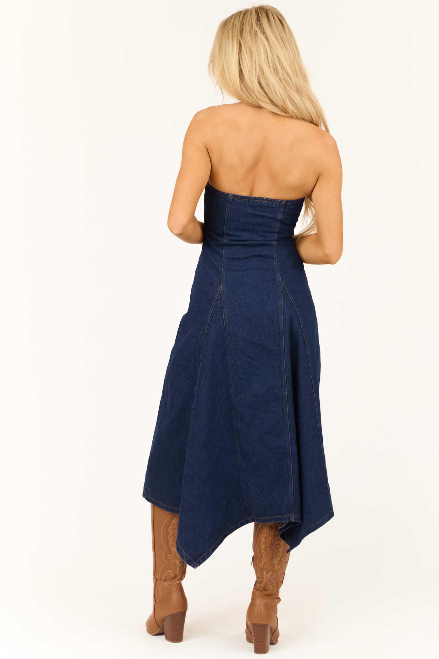 Dark Wash Denim Strapless Scarf Hem Midi Dress