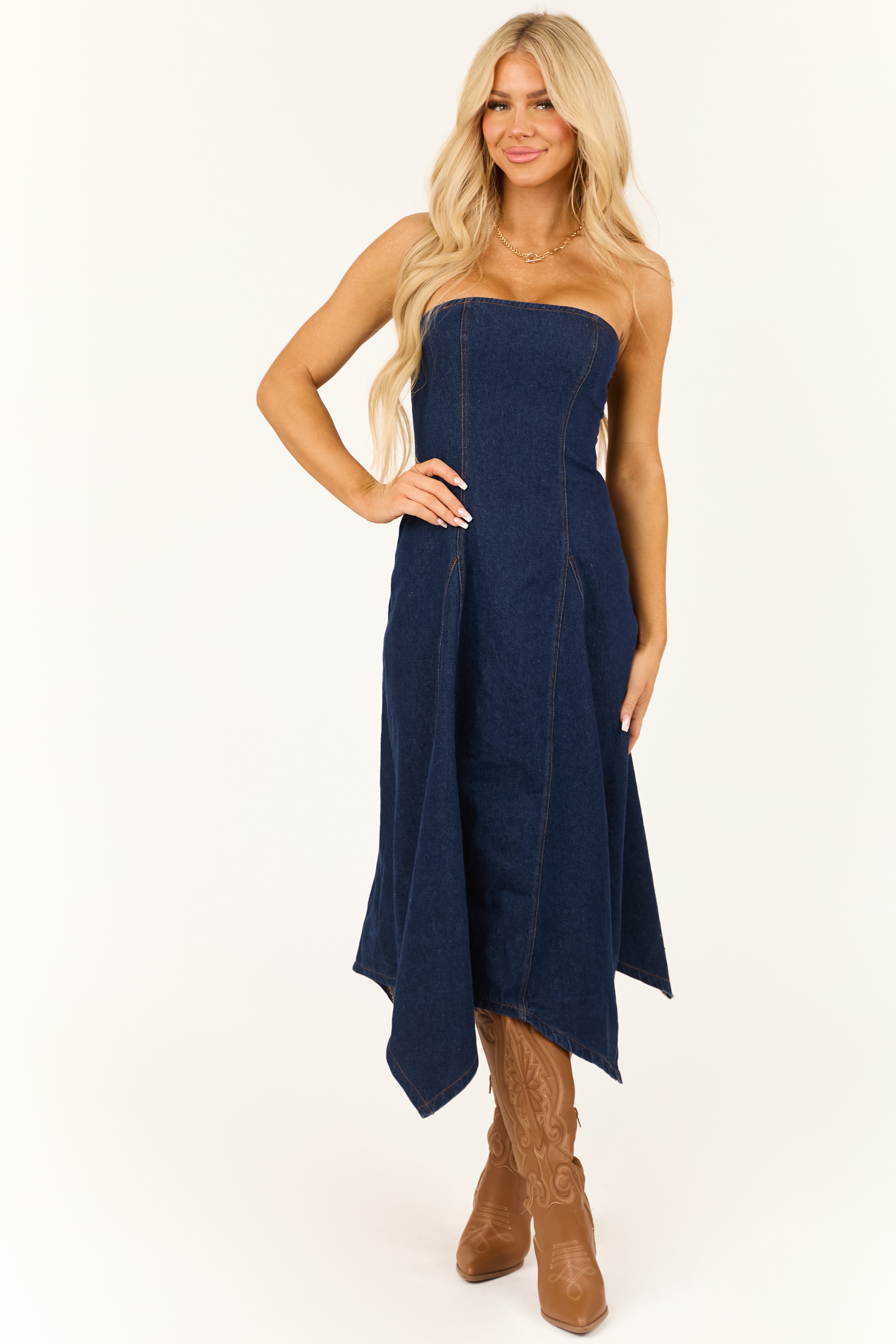 Dark Wash Denim Strapless Scarf Hem Midi Dress