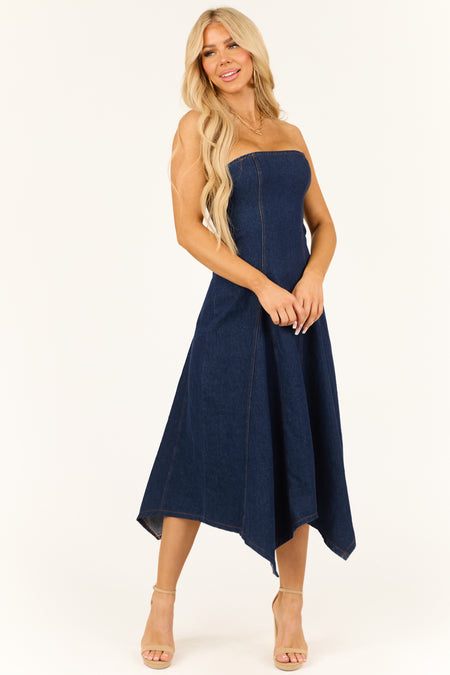 Dark Wash Denim Strapless Scarf Hem Midi Dress