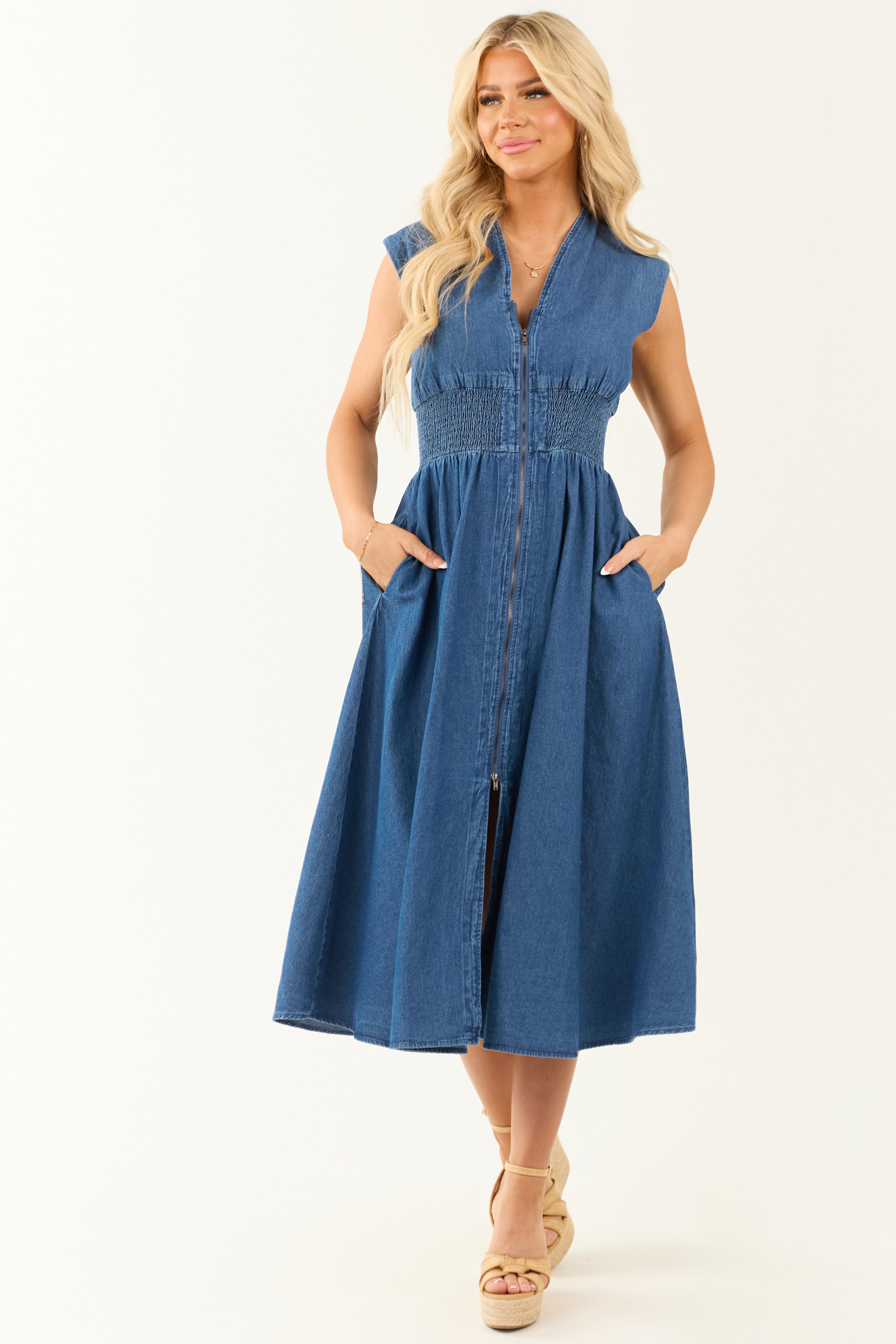 Dark Wash Denim Zip Up Cap Sleeve Midi Dress