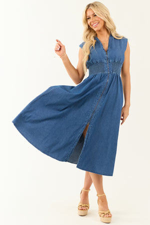 Dark Wash Denim Zip Up Cap Sleeve Midi Dress