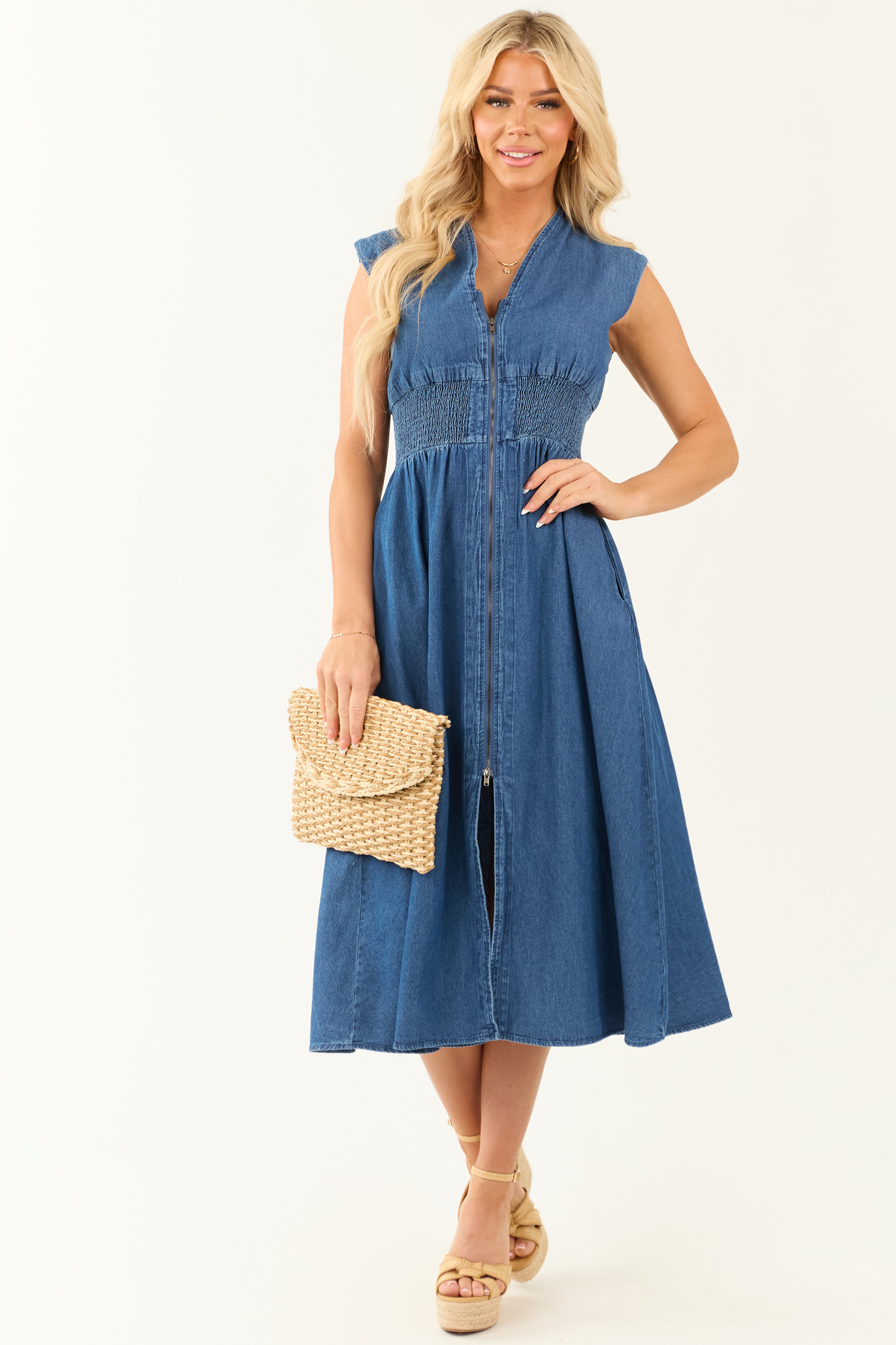 Dark Wash Denim Zip Up Cap Sleeve Midi Dress