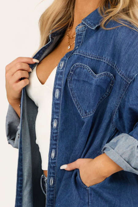 Dark Wash Heart Pocket Oversized Denim Shacket