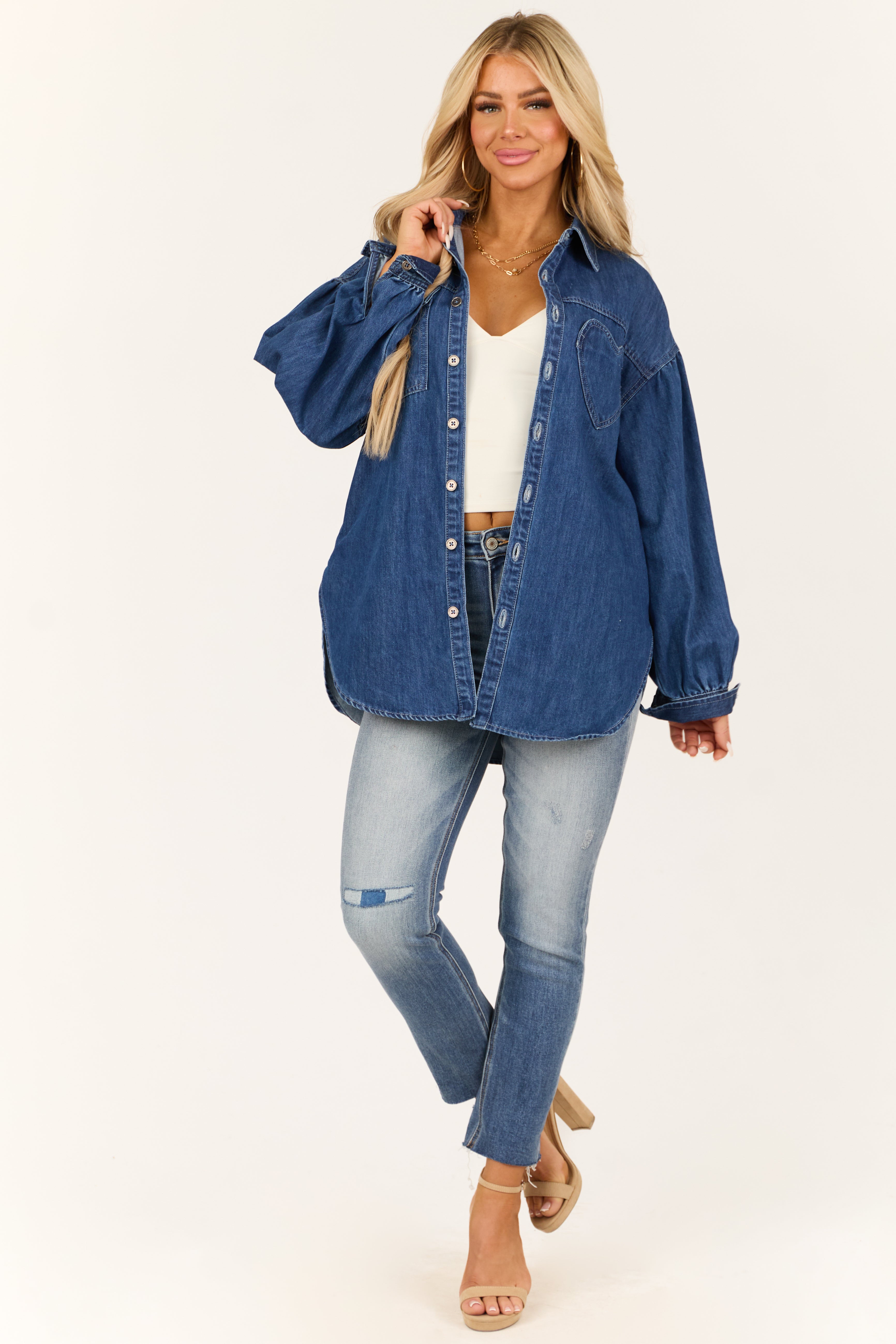 Dark Wash Heart Pocket Oversized Denim Shacket