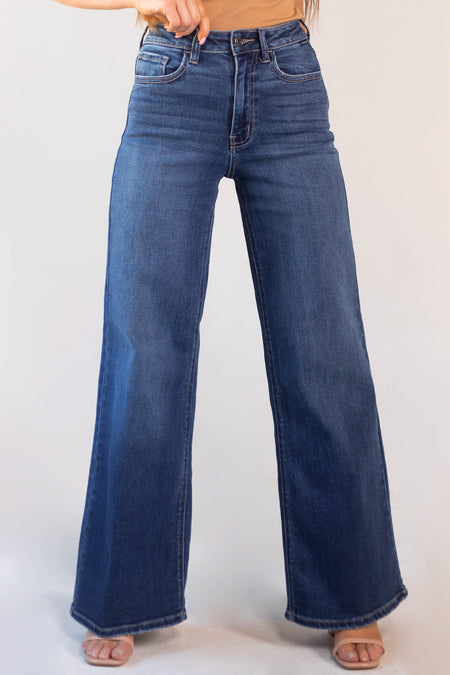 Dark Wash High Rise Zipper Fly Wide Leg Jeans