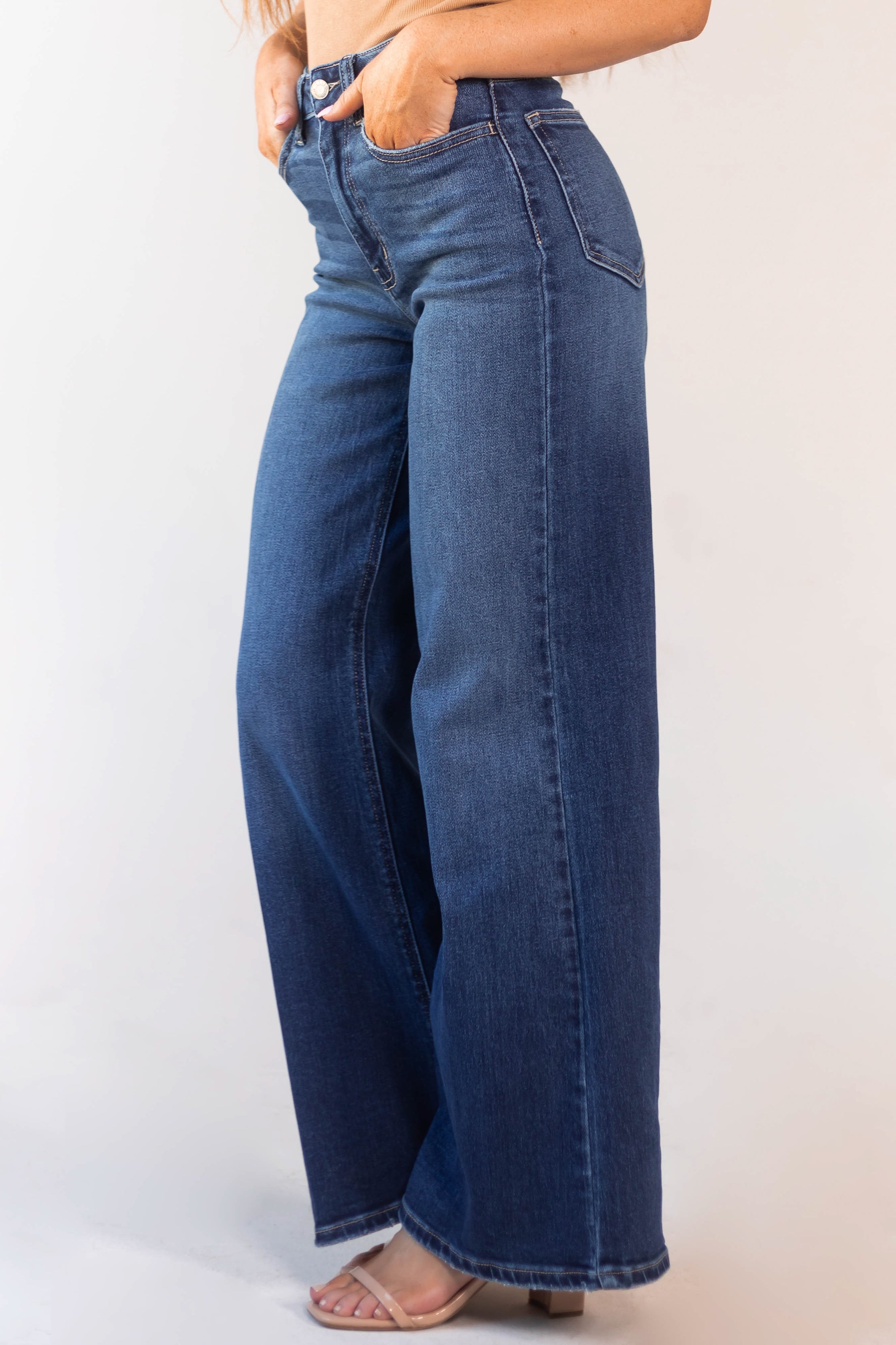 Dark Wash High Rise Zipper Fly Wide Leg Jeans