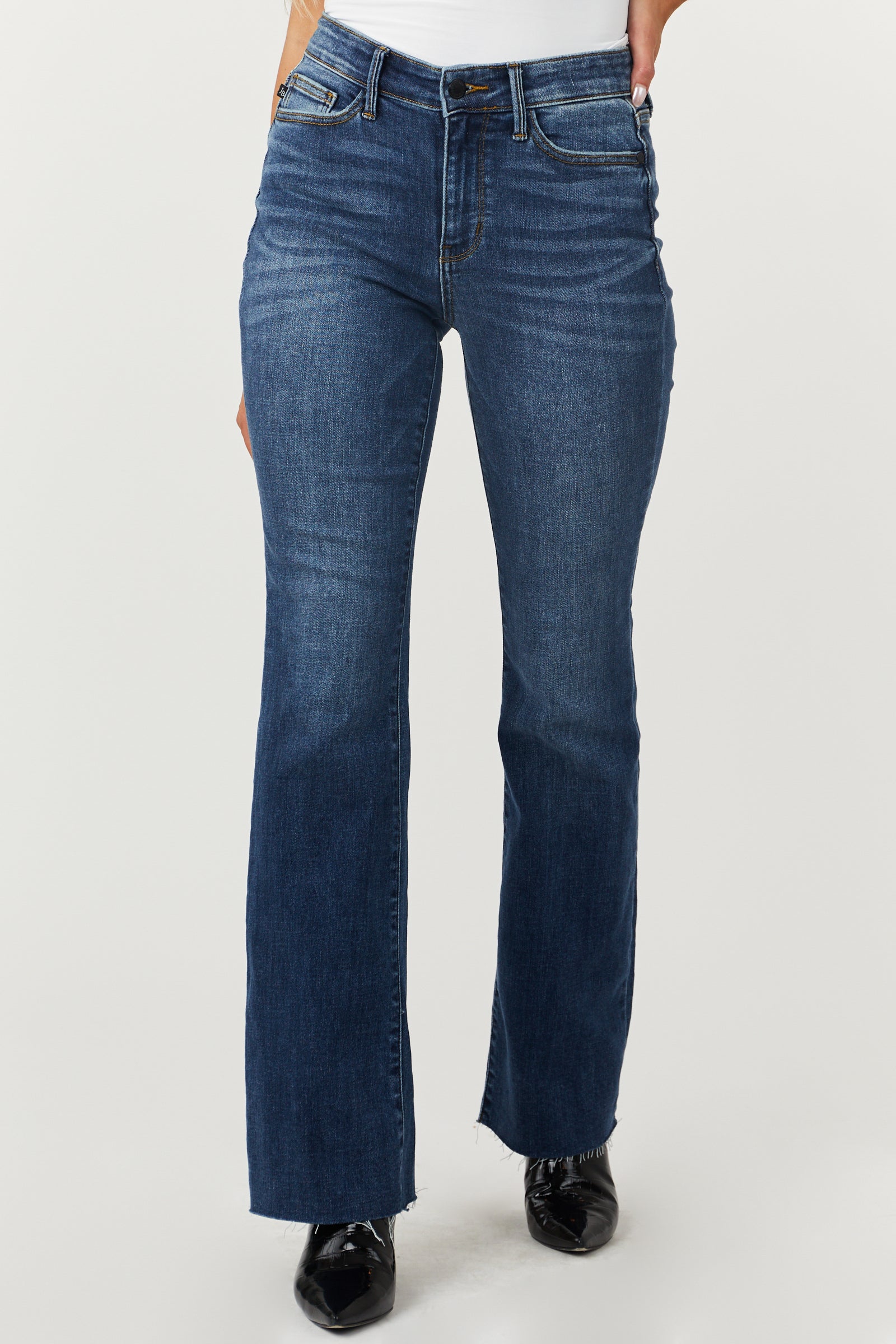 Judy Blue Dark Wash Mid Rise Bootcut Raw Hem Jeans & Lime Lush