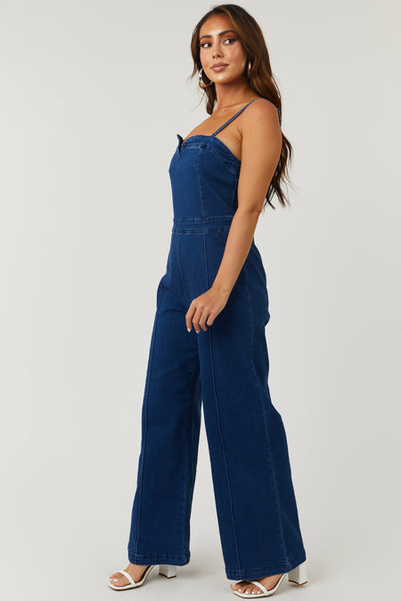 Dark Wash Notch Neck Stretchy Denim Jumpsuit