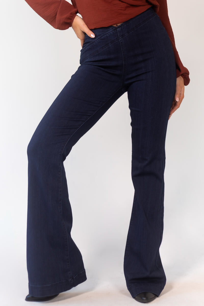 Dark Wash Overlap Waist High Rise Flare Jeggings