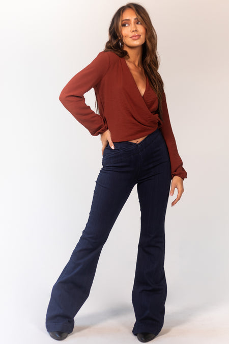 Dark Wash Overlap Waist High Rise Flare Jeggings