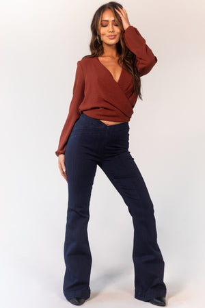 Dark Wash Overlap Waist High Rise Flare Jeggings