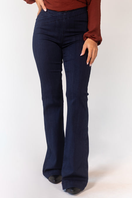 Dark Wash Overlap Waist High Rise Flare Jeggings