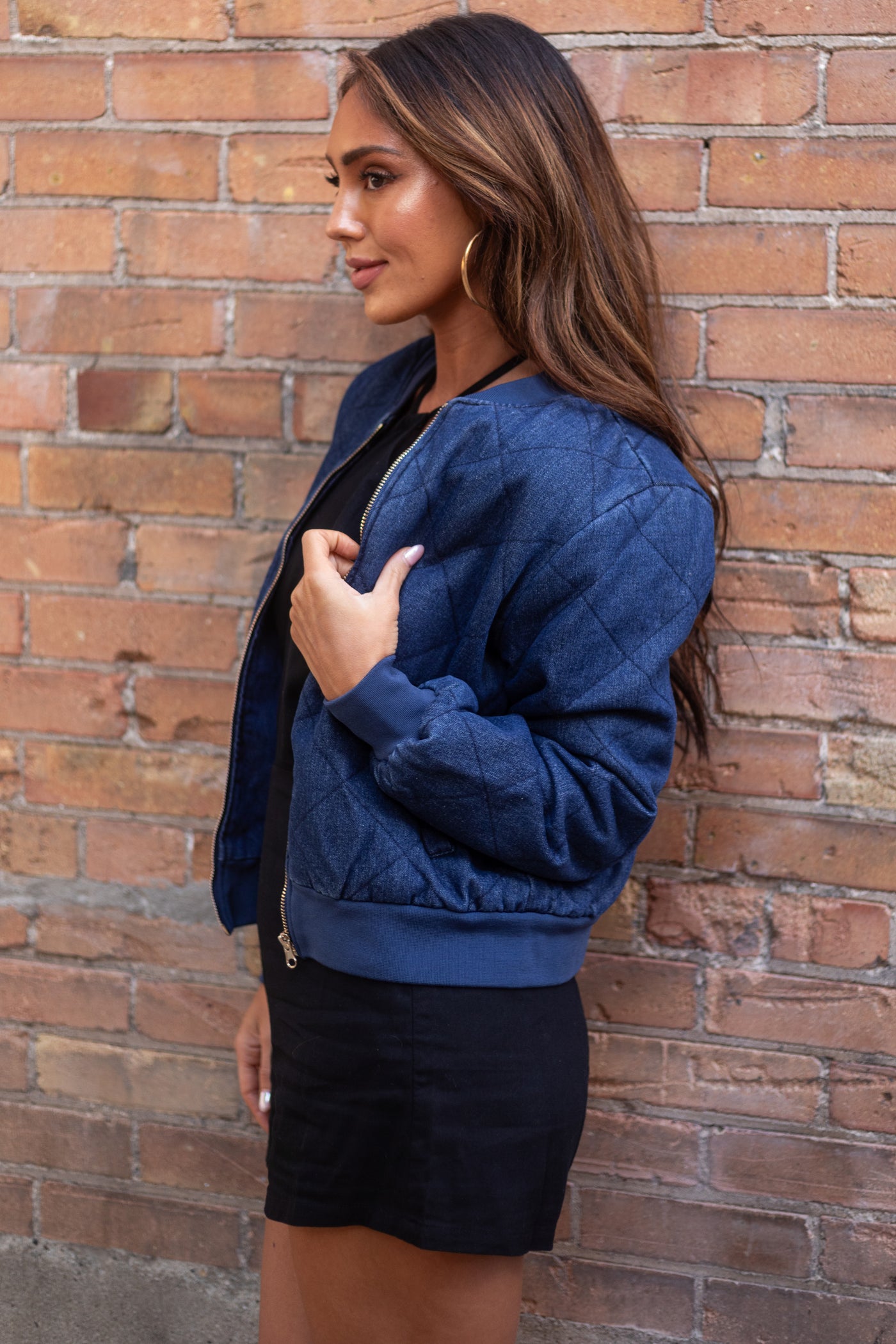 Dark Wash Quilted Zip Up Denim Bomber Jacket