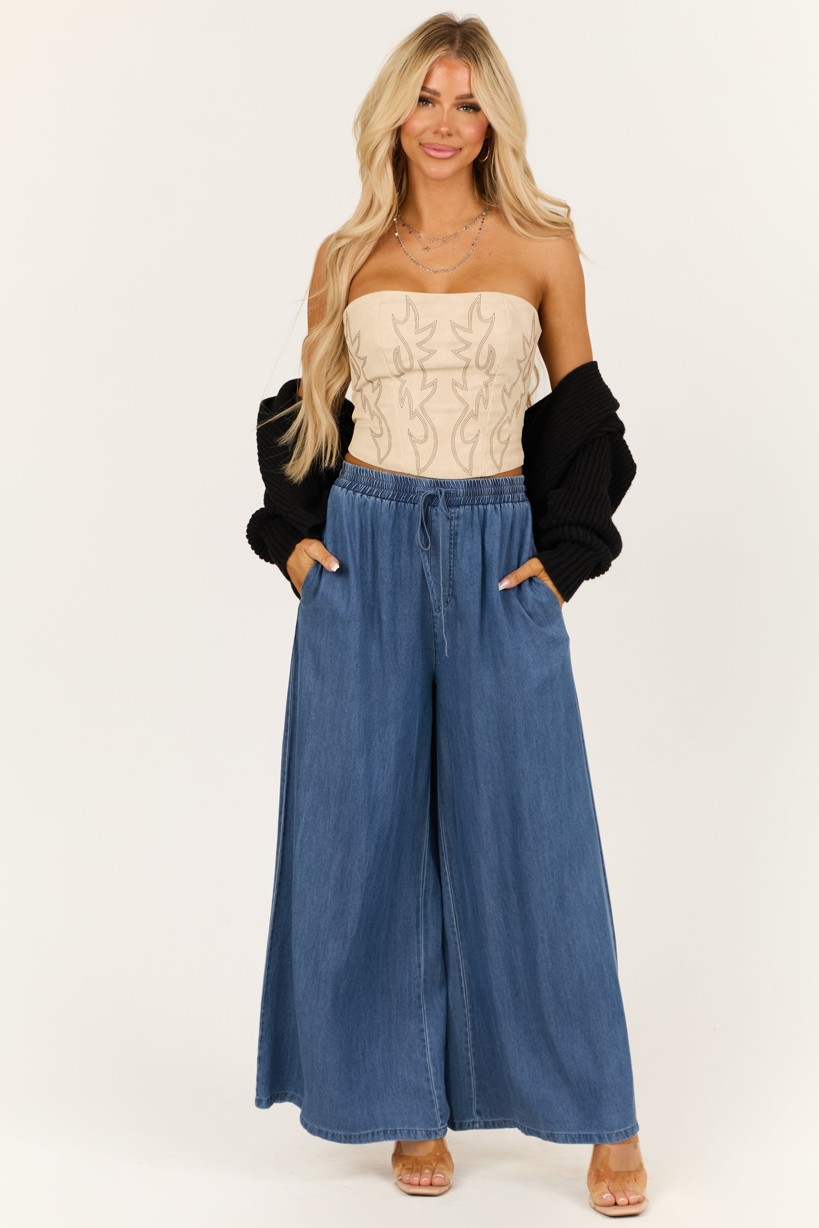 Dark Wash Tencel Denim High Rise Wide Leg Pants