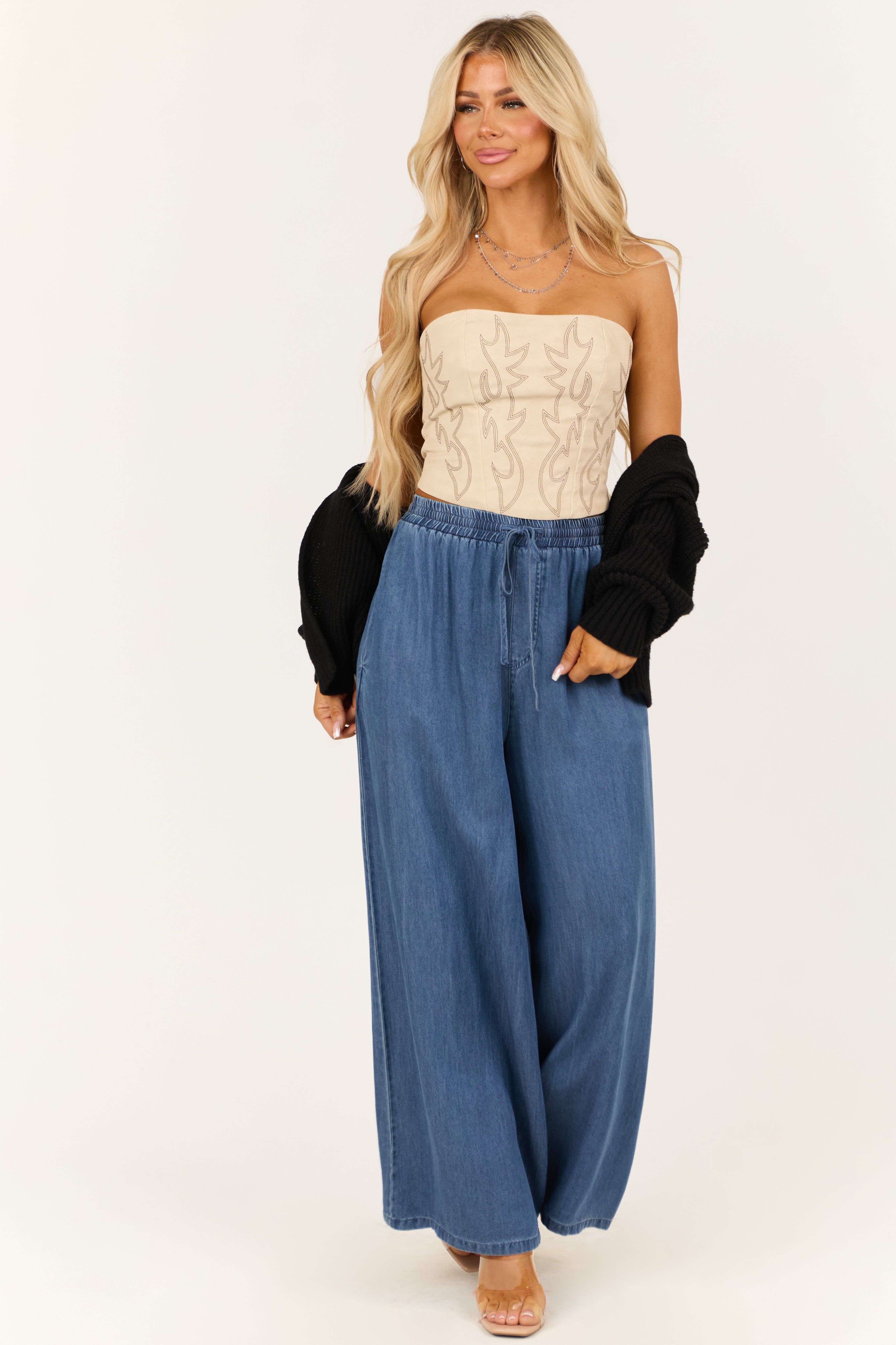 Dark Wash Tencel Denim High Rise Wide Leg Pants