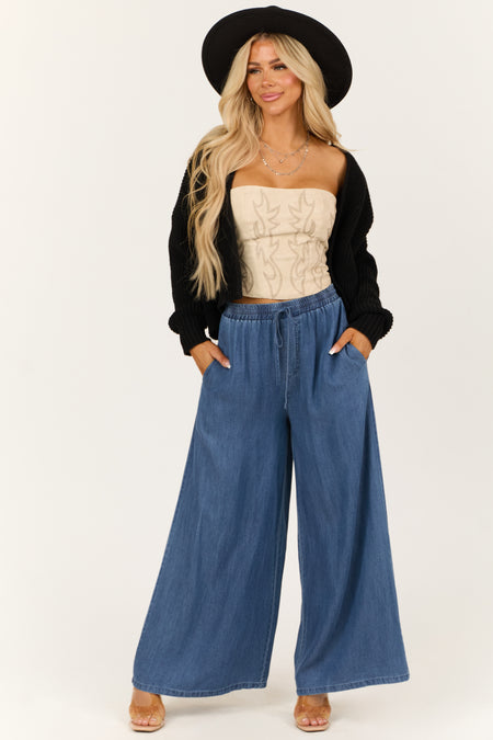 Dark Wash Tencel Denim High Rise Wide Leg Pants