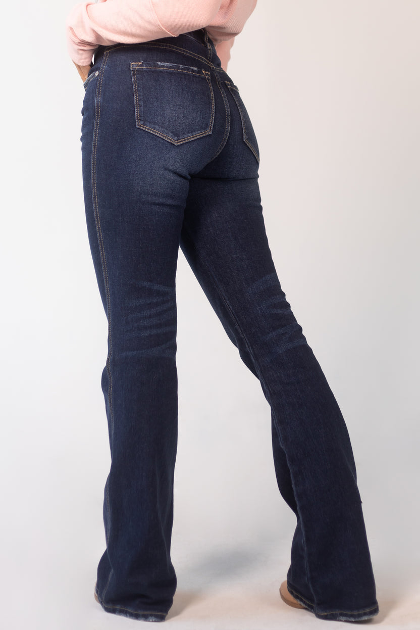 KanCan Dark Wash Whiskering Detail Flare Leg Jeans | Lime Lush