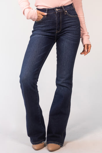 KanCan Dark Wash Whiskering Detail Flare Leg Jeans | Lime Lush