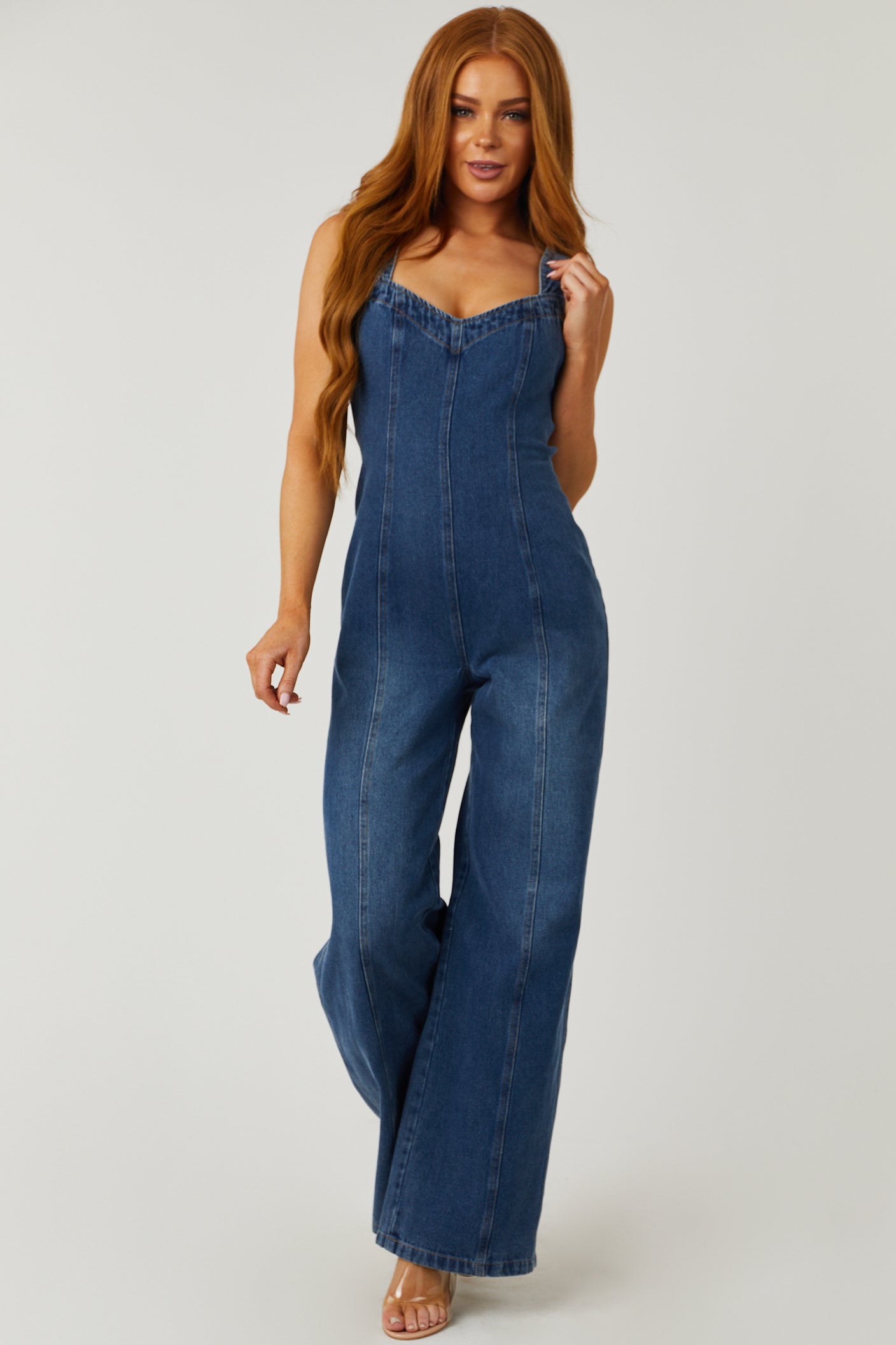 Dark Washed Sleeveless Open Back Denim Jumpsuit