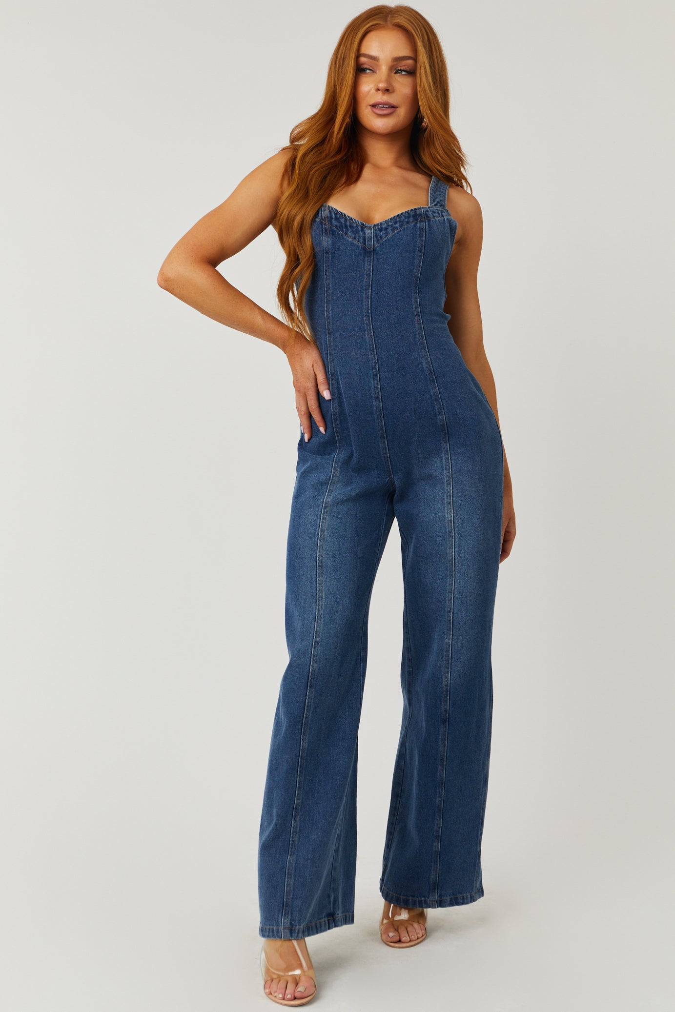 Dark Washed Sleeveless Open Back Denim Jumpsuit