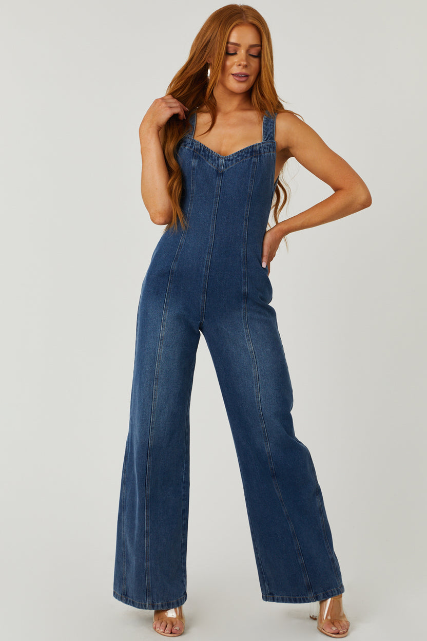 Dark Washed Sleeveless Open Back Denim Jumpsuit