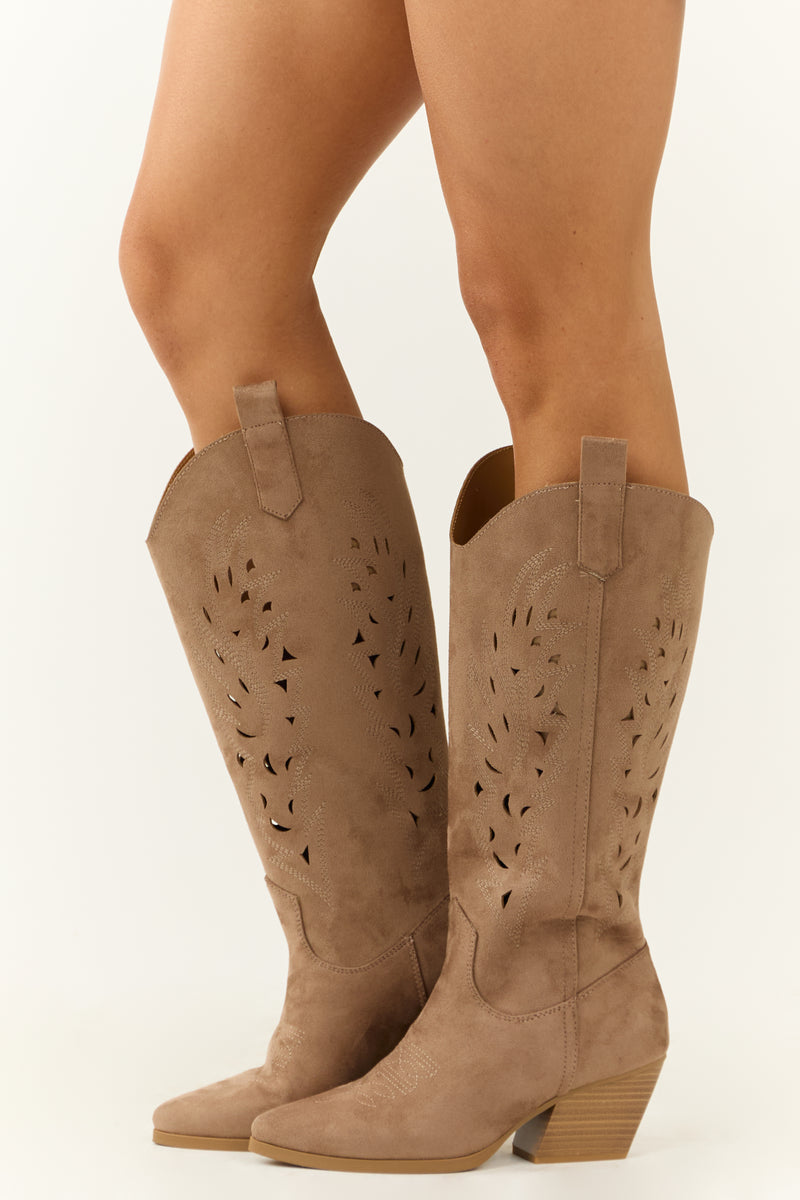 Dark Taupe Block Heel Western Cut Out Tall Boot