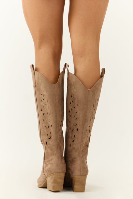 Dark Taupe Block Heel Western Cut Out Tall Boot