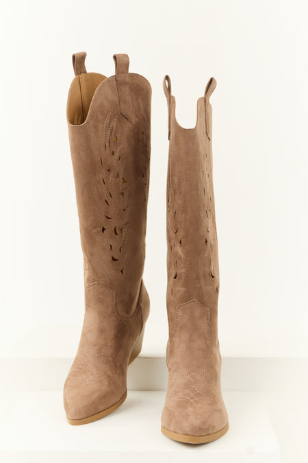 Dark Taupe Block Heel Western Cut Out Tall Boot