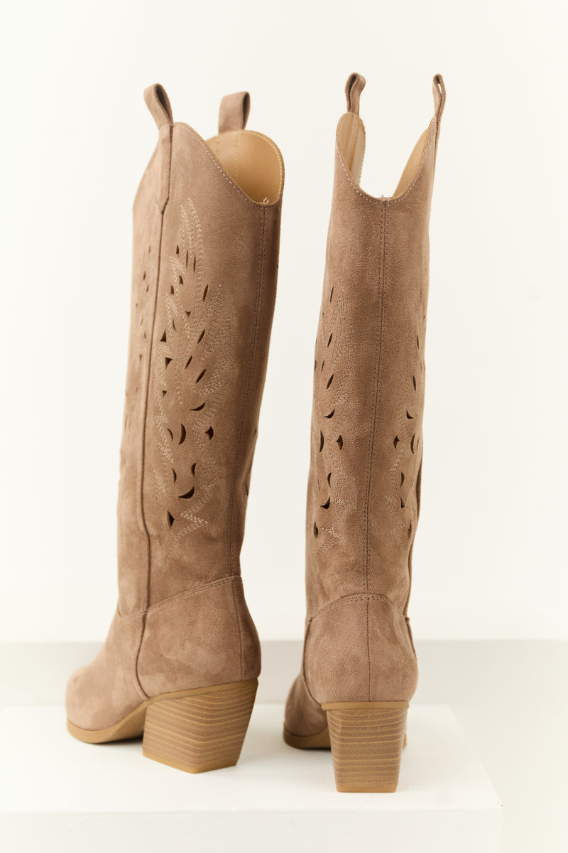 Dark Taupe Block Heel Western Cut Out Tall Boot