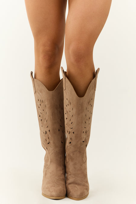 Dark Taupe Block Heel Western Cut Out Tall Boot