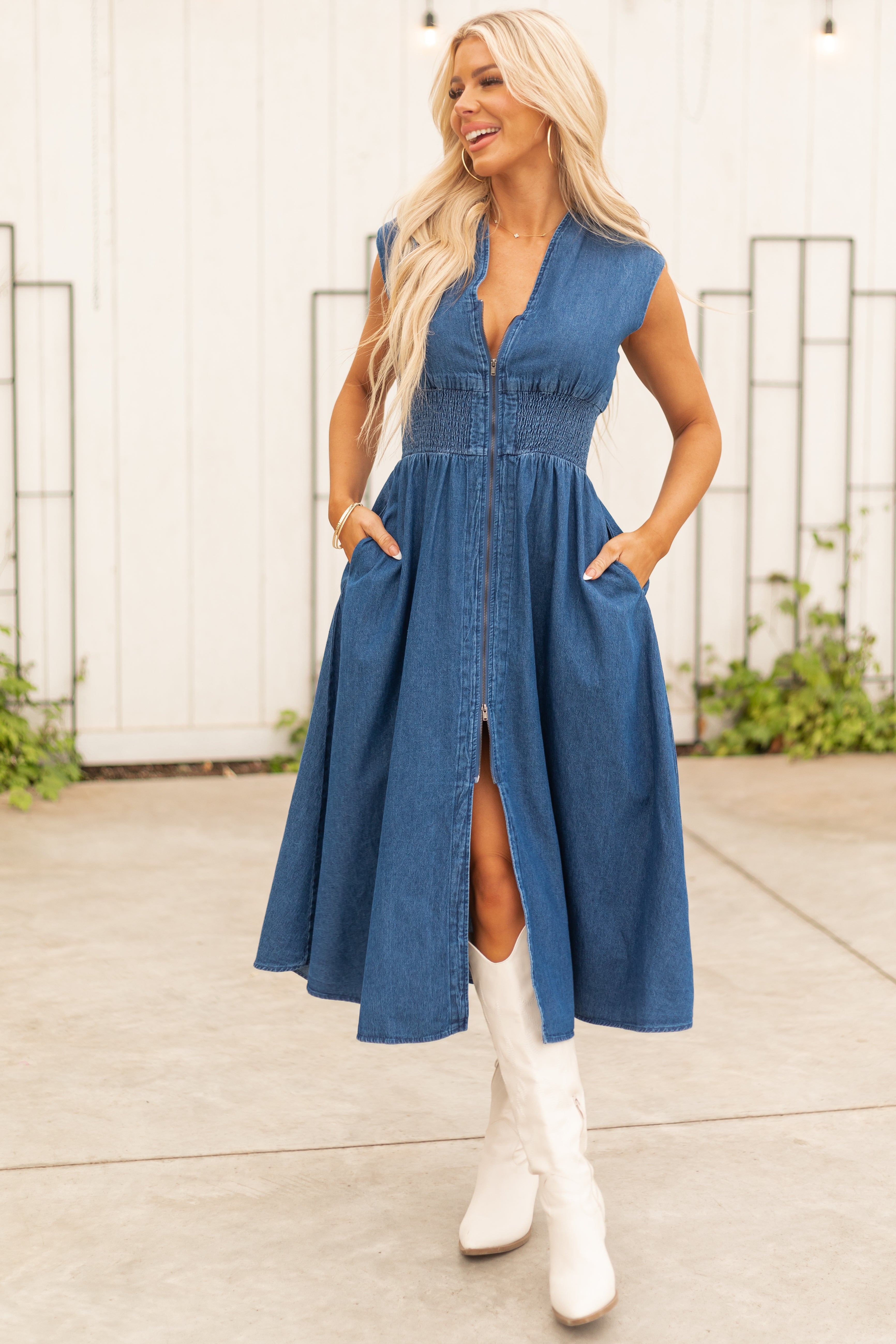 Dark Wash Denim Zip Up Cap Sleeve Midi Dress