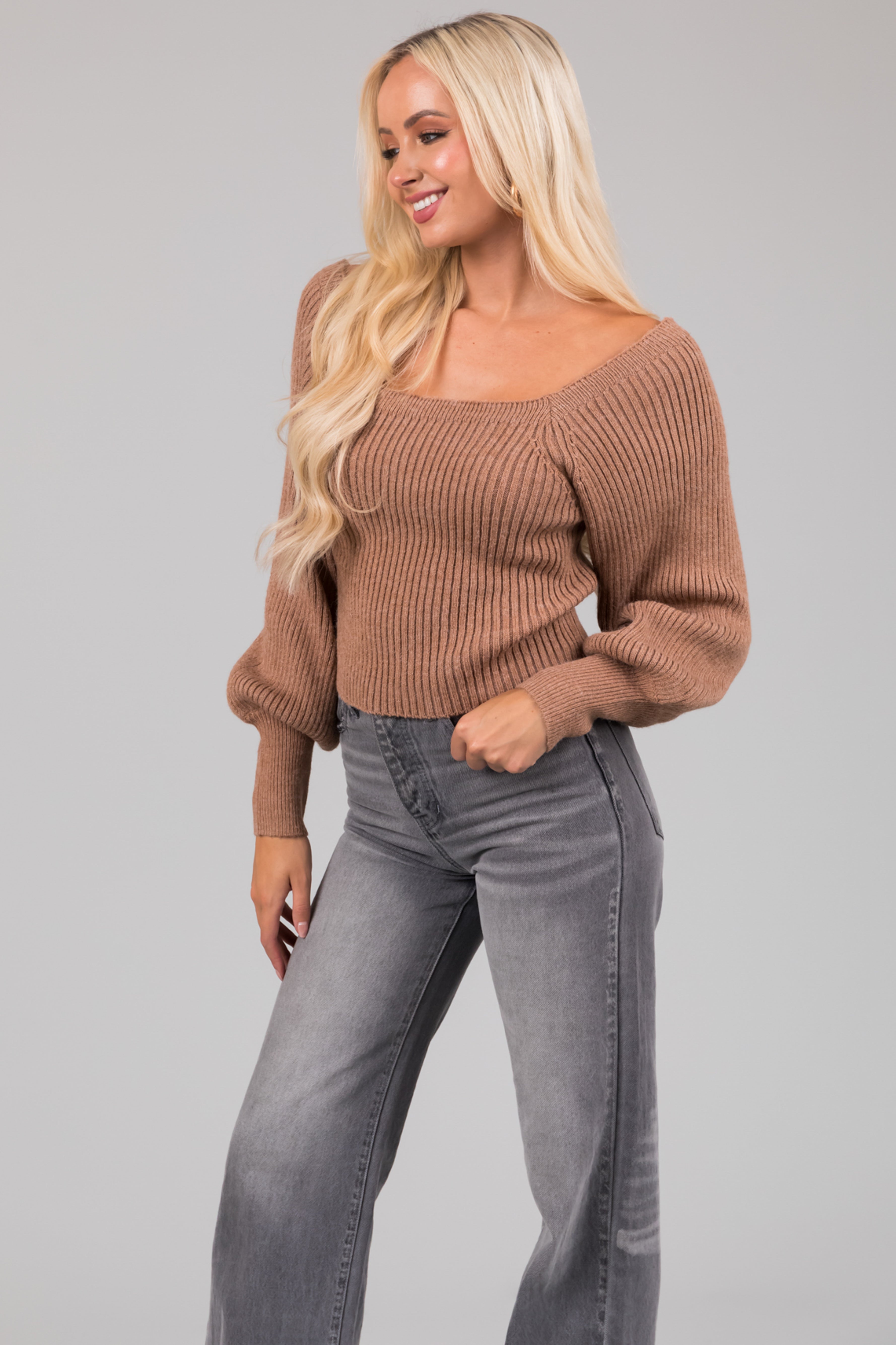 Deep Camel Boatneck Ribbed Sweater