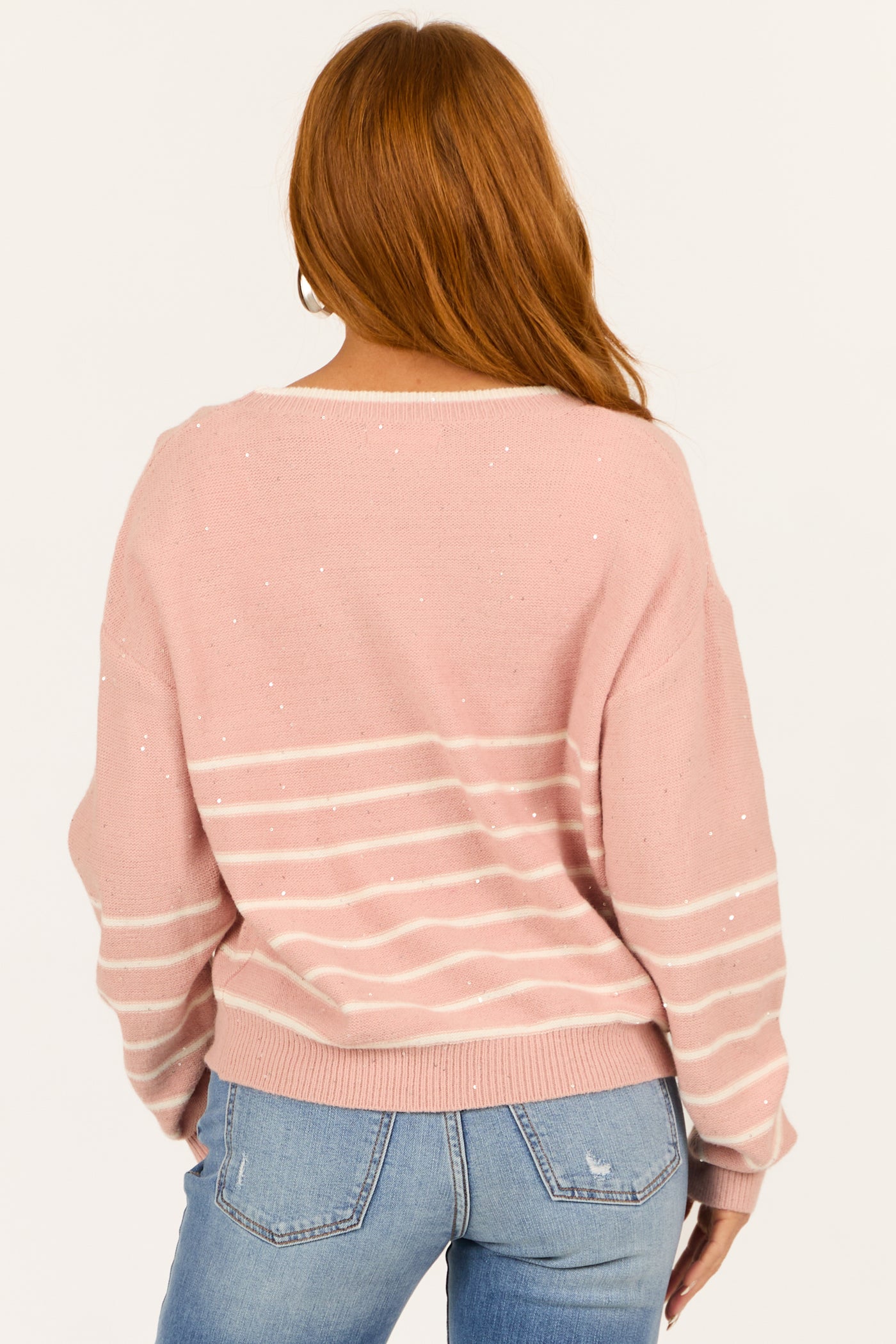 Deep Carnation Striped Sequin Knit Sweater