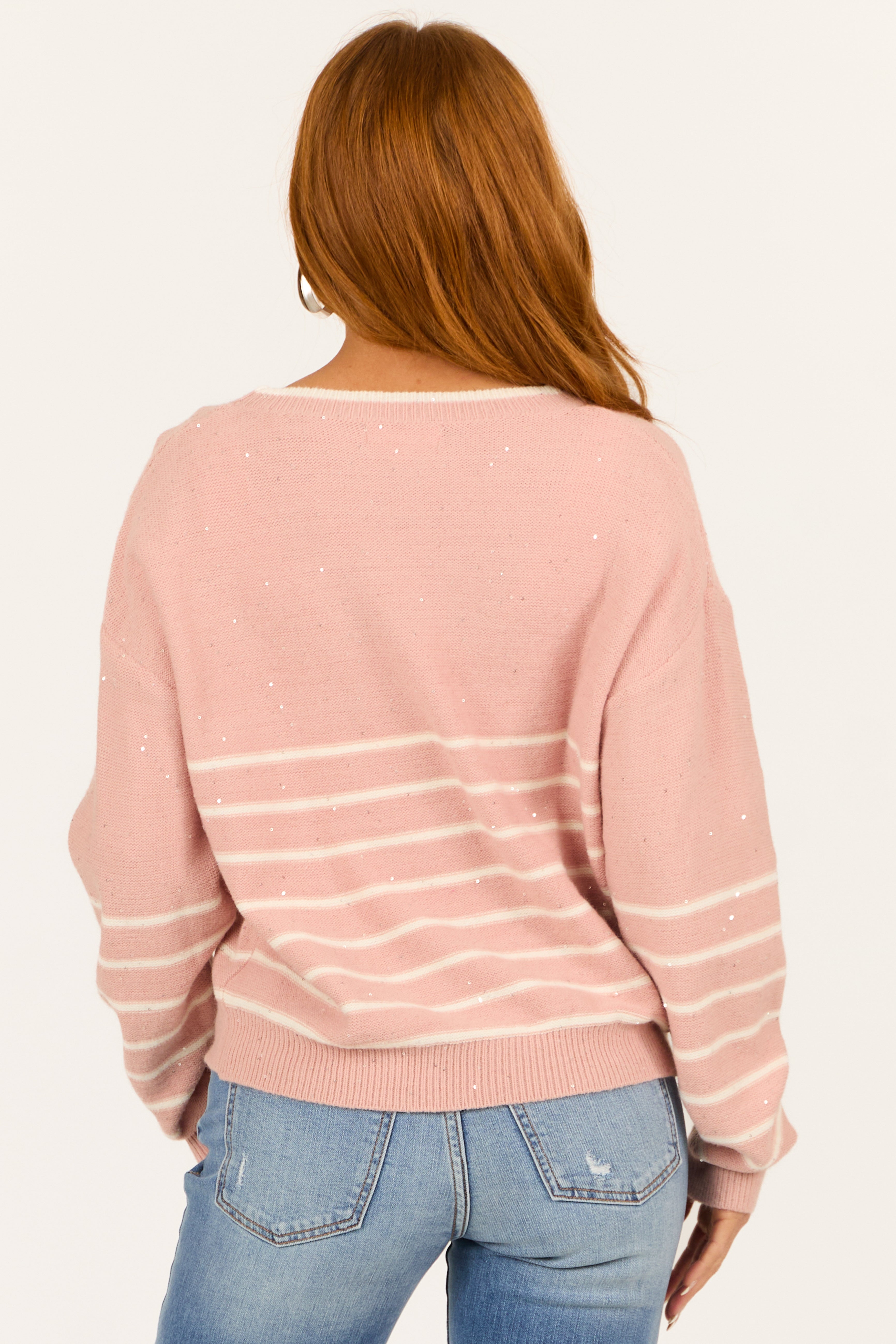 Deep Carnation Striped Sequin Knit Sweater