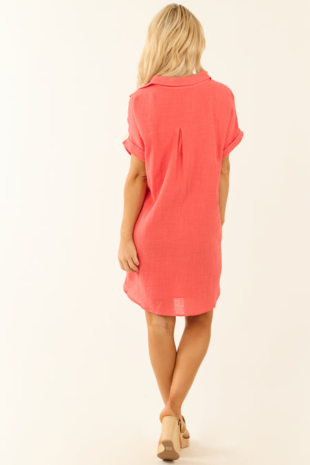 Deep Coral Button Down Cotton Gauze Shirt Dress