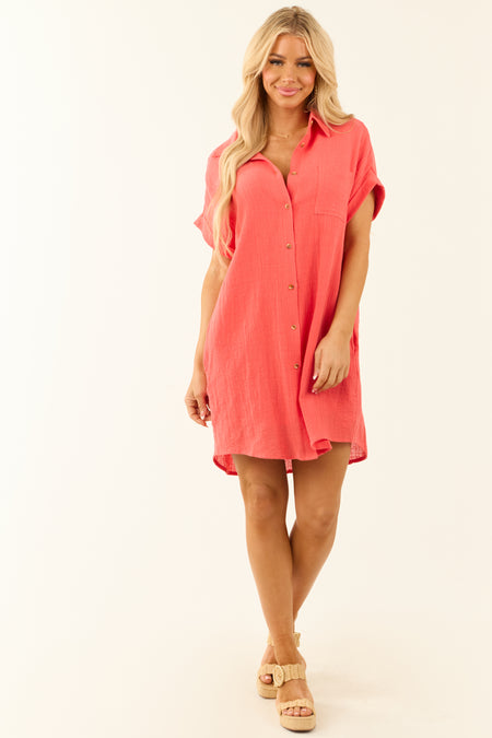 Deep Coral Button Down Cotton Gauze Shirt Dress