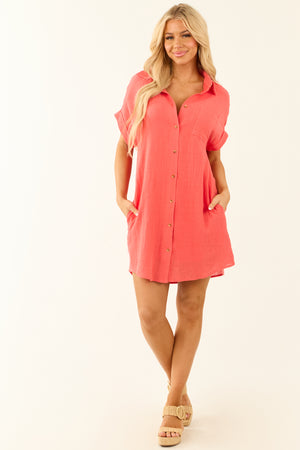 Deep Coral Button Down Cotton Gauze Shirt Dress