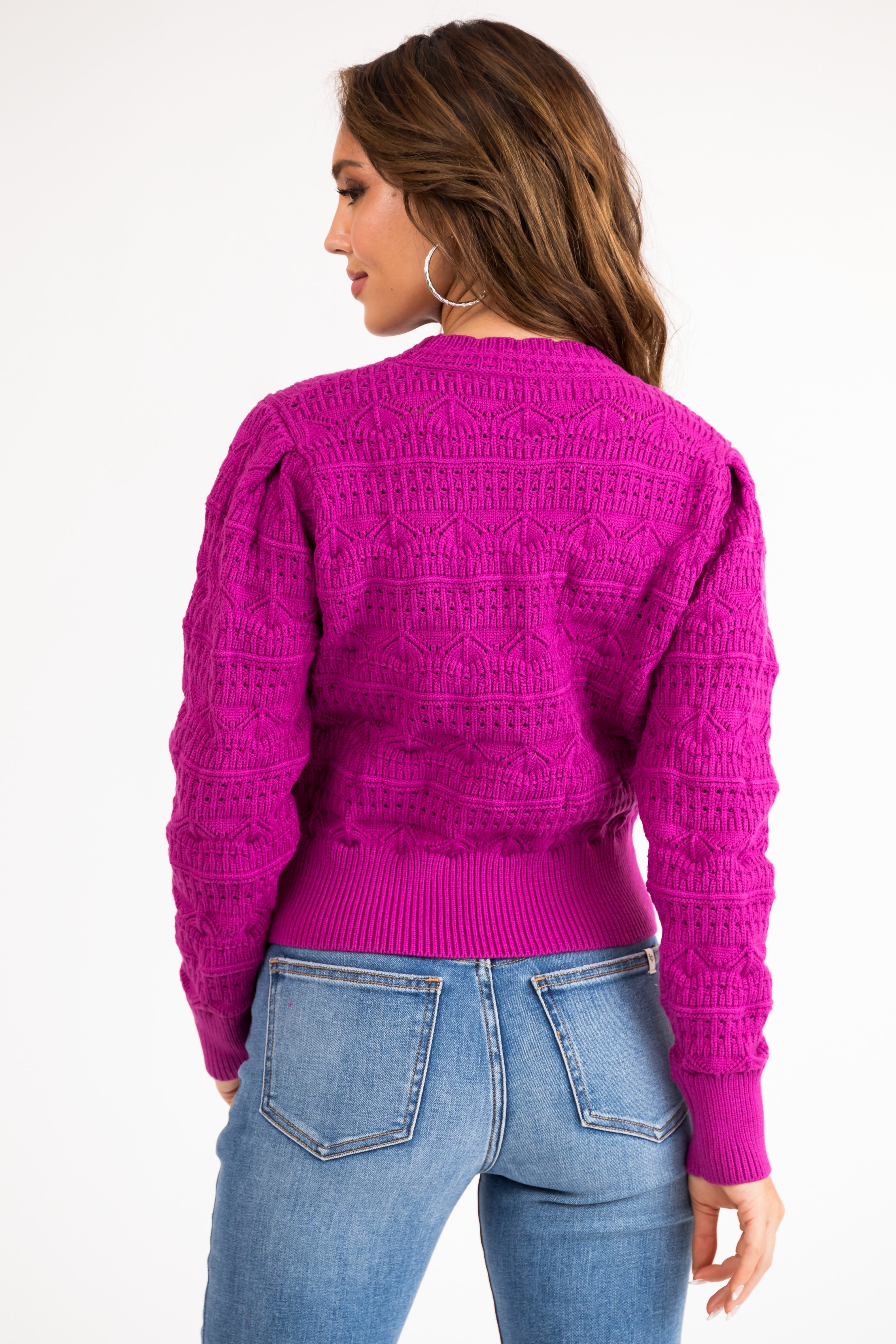 Deep Fuchsia Pointelle Knit Long Sleeve Sweater