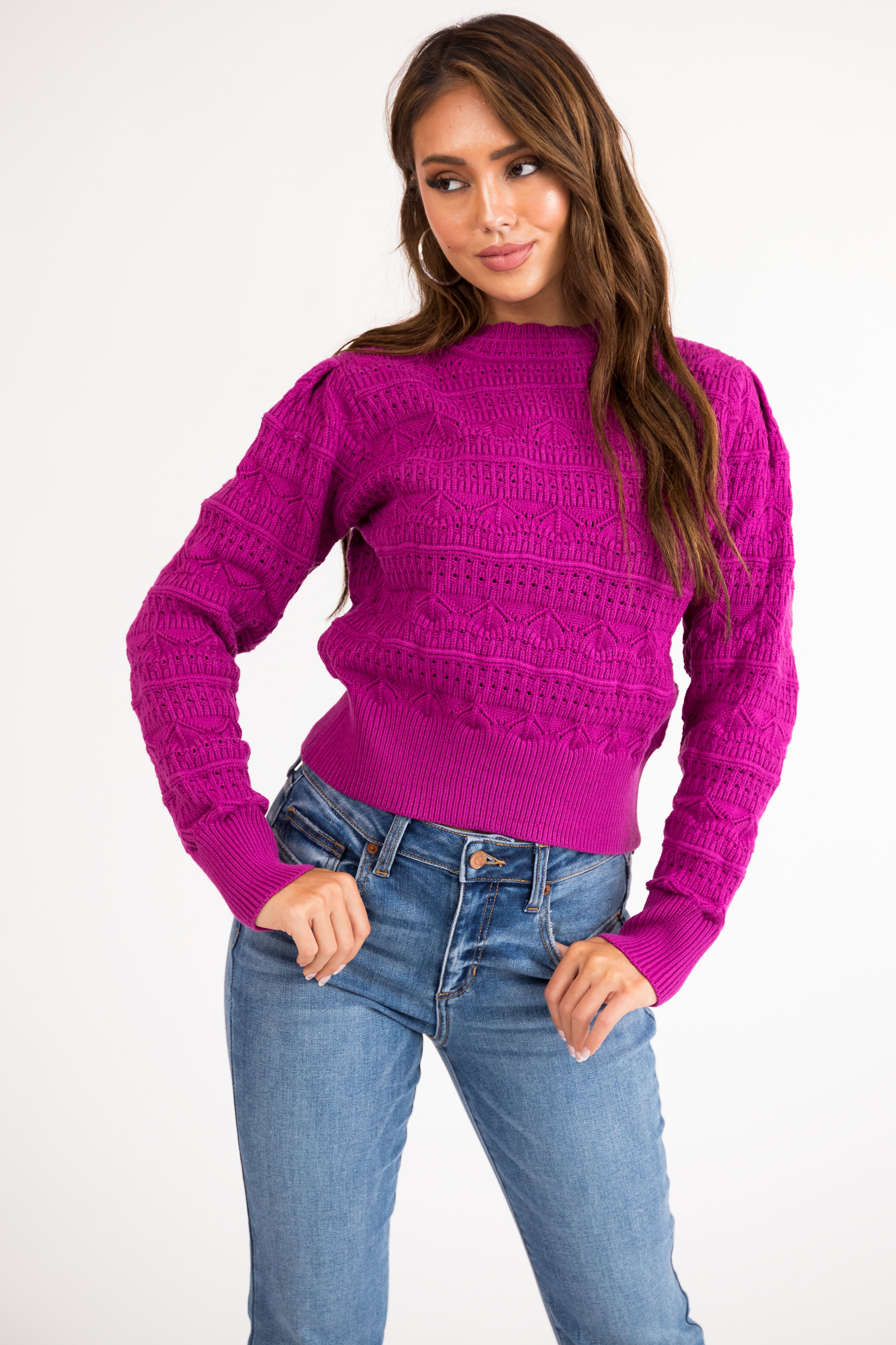 Deep Fuchsia Pointelle Knit Long Sleeve Sweater