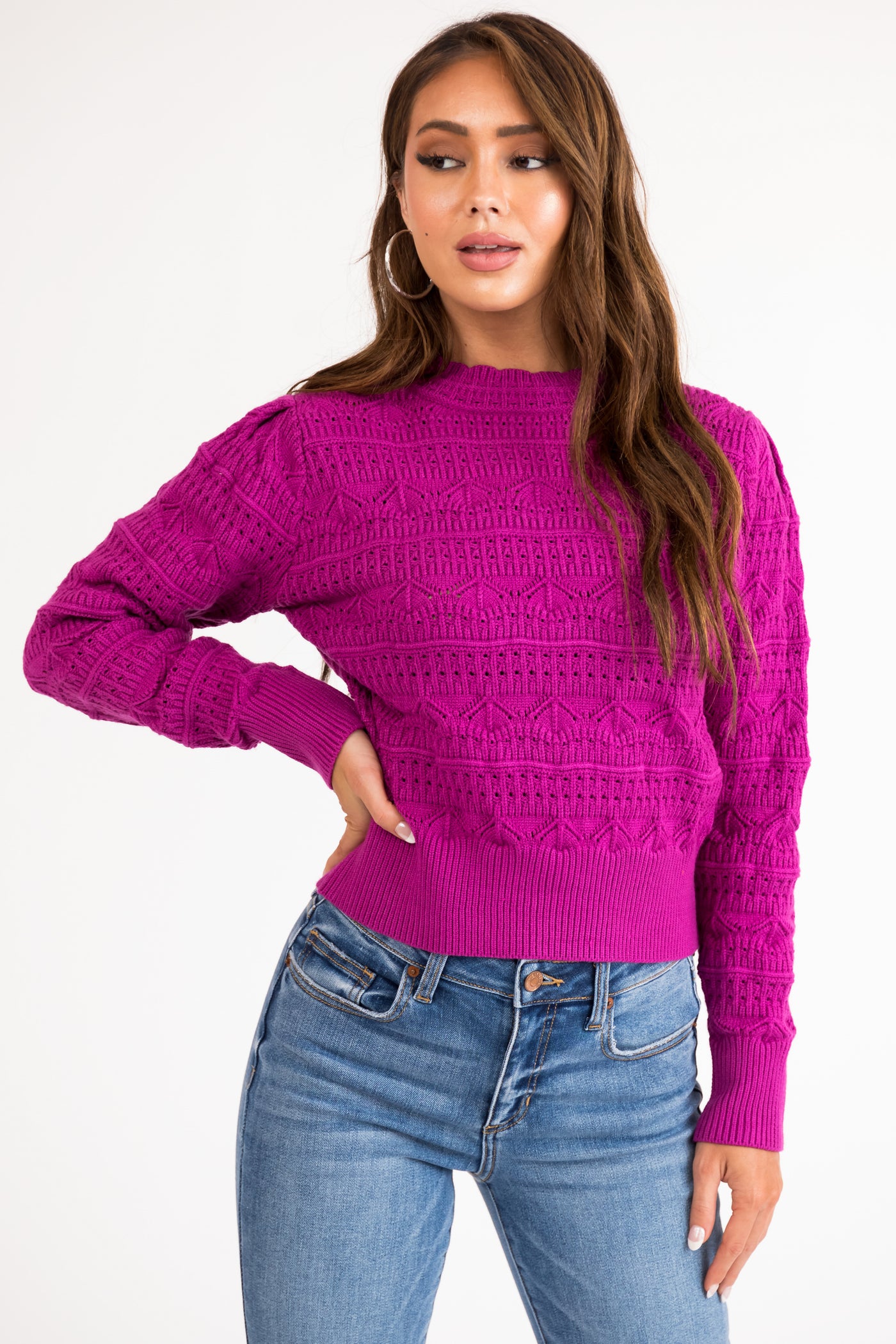 Maroon Long Sleeve Pointelle Detail Sweater