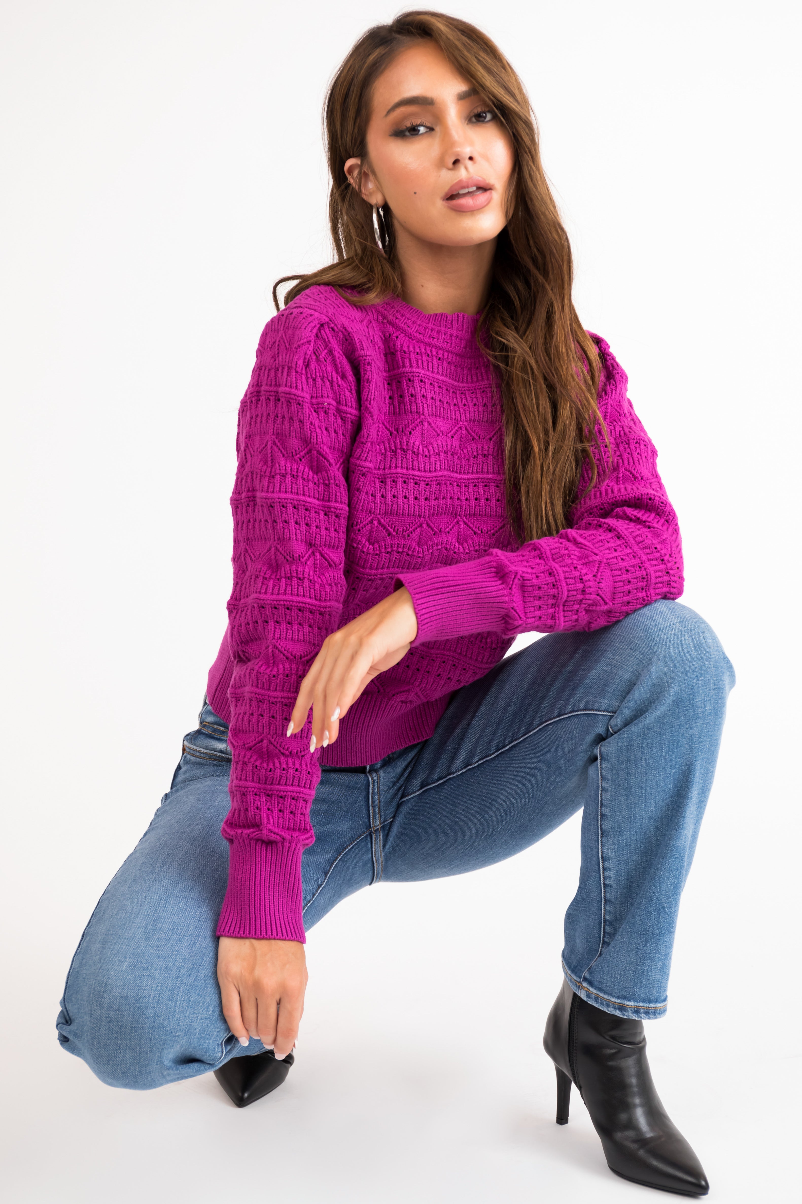 Deep Fuchsia Pointelle Knit Long Sleeve Sweater