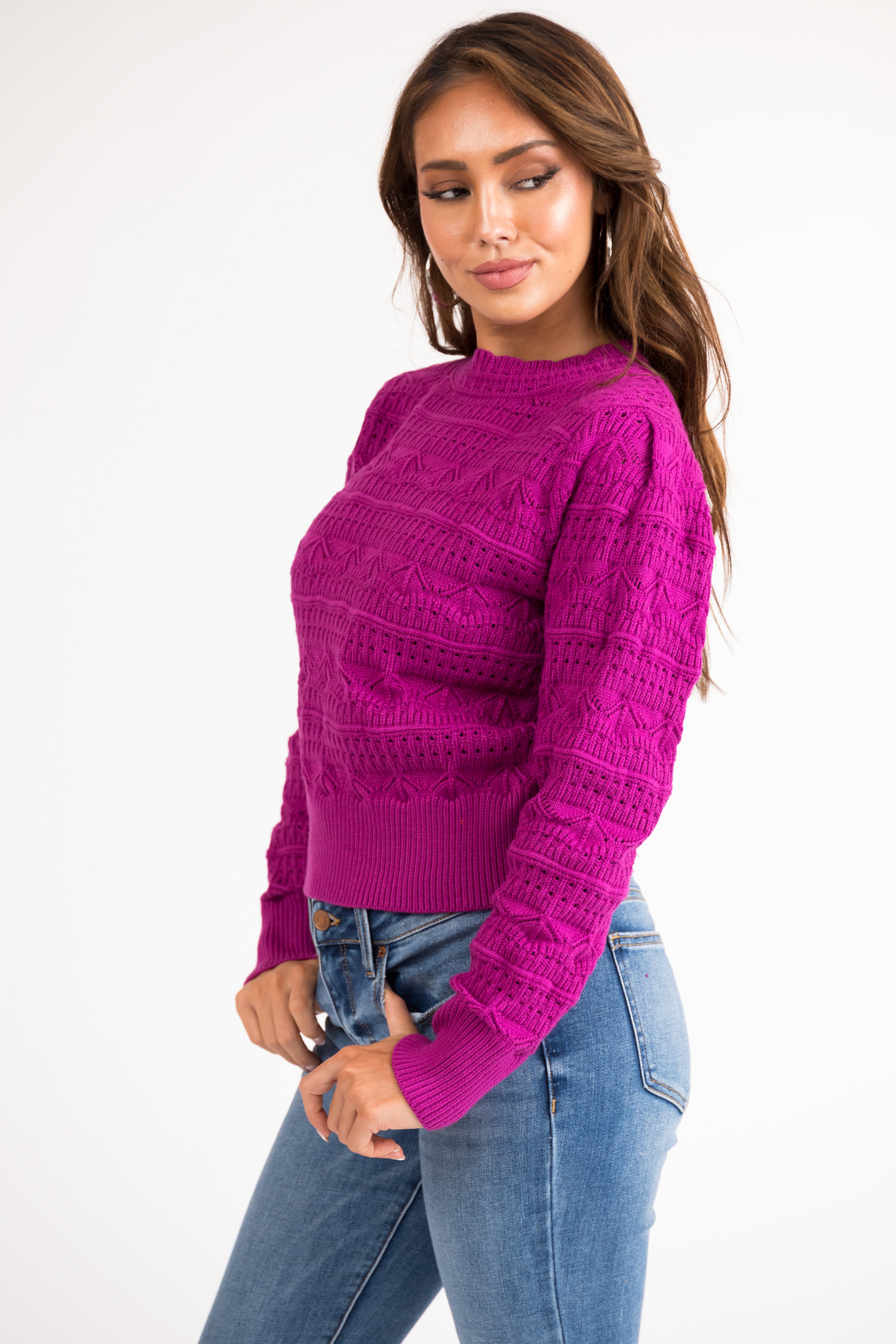 Deep Fuchsia Pointelle Knit Long Sleeve Sweater