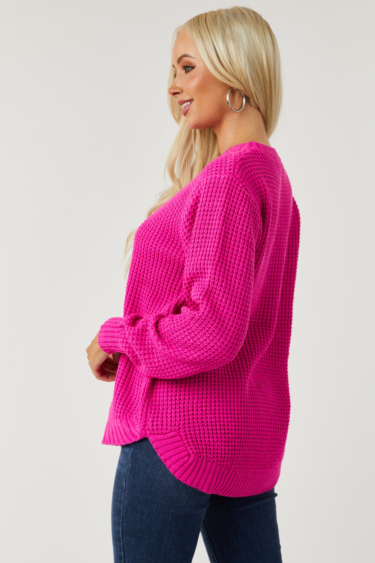 Deep Fuchsia Thick Waffle Knit Curved Hem Sweater