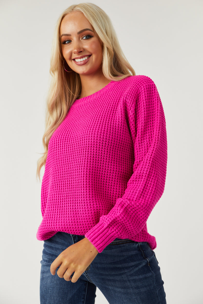 Deep Fuchsia Thick Waffle Knit Curved Hem Sweater