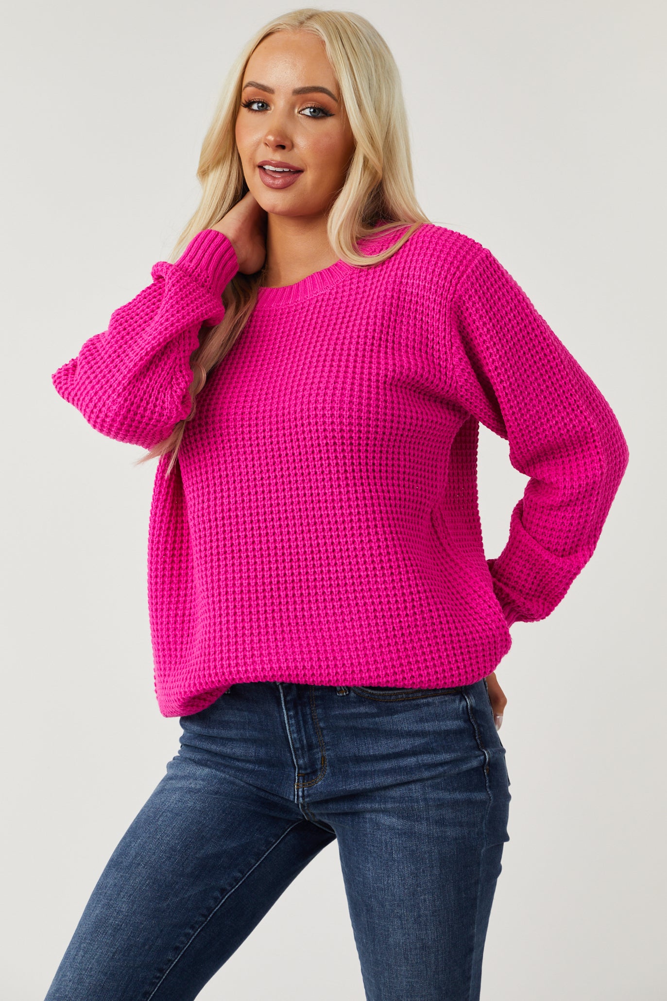 Deep Fuchsia Thick Waffle Knit Curved Hem Sweater